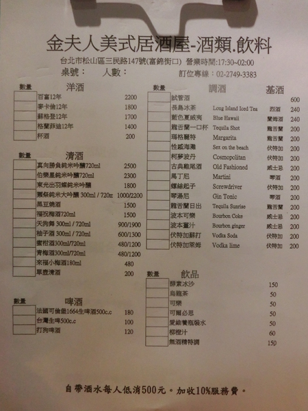 金夫人美式居酒屋：【台北松山】金夫人美式居酒屋 / 民生社區 / 創意料理